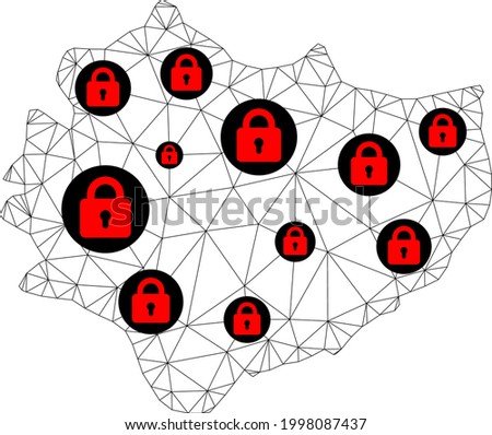 Polygonal mesh lockdown map of Swietokrzyskie Province. Abstract mesh lines and locks form map of Swietokrzyskie Province. Vector wire frame 2D polygonal line network in black color with red locks.