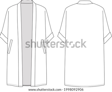 Women's Short-Sleeve Longline Chiffon Kimono. Jacket technical fashion illustration. Flat apparel jacket template front and back, white color. CAD mock-up. Royalty-Free Stock Photo #1998092906