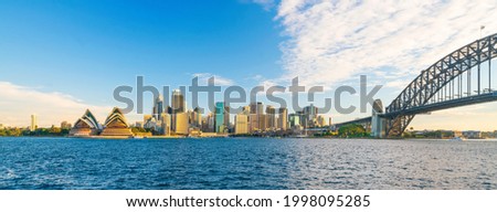 Downtown Sydney skyline in Australia from top view at sunset