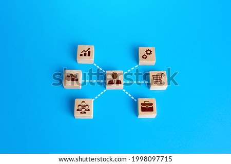 Businessman associated with business attributes. Creation of a successful company. Development of leadership organizational skills. Stimulating entrepreneurship. Business Aspects Management Royalty-Free Stock Photo #1998097715