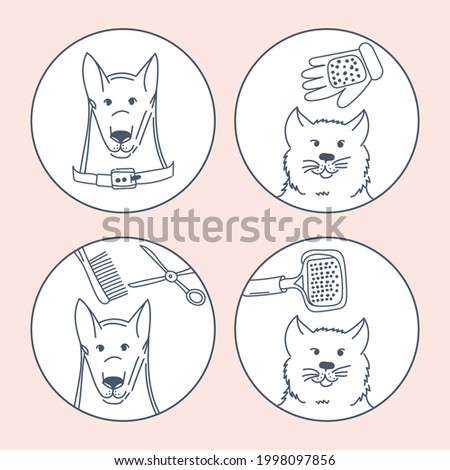 Set of cute linear pictures with dog and cat grooming. Vector illustration of a pets shop logo.
