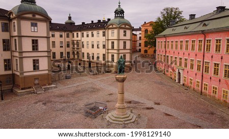Birger Jarl statue, Riddarholmen, and Stenbockska palace, a drone shot of the centre of Stockholm, Sweden