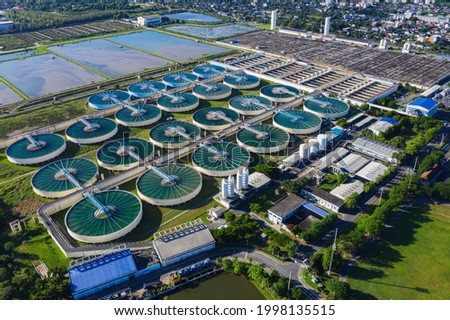 Aerial view of metropolitan waterworks authority. Drinking Water Treatment. Microbiology of drinking water production and distribution, water treatment plant Royalty-Free Stock Photo #1998135515