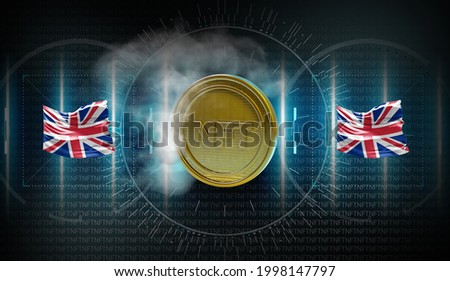 3d rendering illustration of NFT non fungible token for crypto art on United Kingdom UK colorful flag background. Based in blockchain technology and disruptive monetization in collectibles market