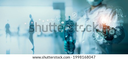 Healthcare and medicine, Covid-19, Doctor touching and diagnose virus and Human Lungs with coronavirus spread inside on virtual interface,   hospital background, Innovation and Medical technology Royalty-Free Stock Photo #1998168047
