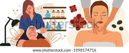 Set of people in massages, beauty procedures, body wraps and treatments. Happy man and woman in SPA health salon. Colored flat vector illustration isolated on a white background