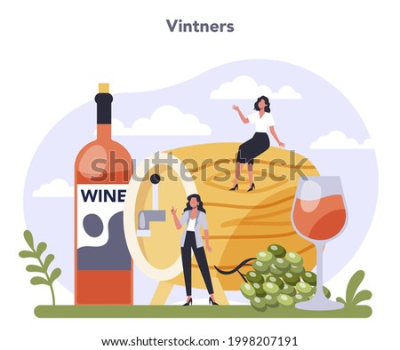 Beverages production industry sector of the economy. Vintner, wine maker. Grape wine in a bottle and glass full of alcohol drink. Red wine with appetizer. Isolated flat vector illustration
