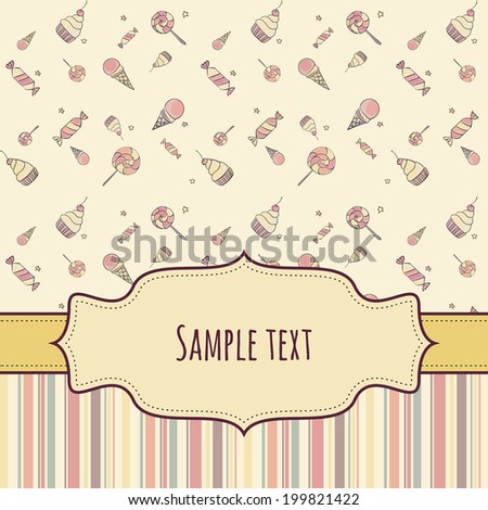 Children greeting card with ribbon and tag. Seamless hand drawing candy and colorful striped background patterns