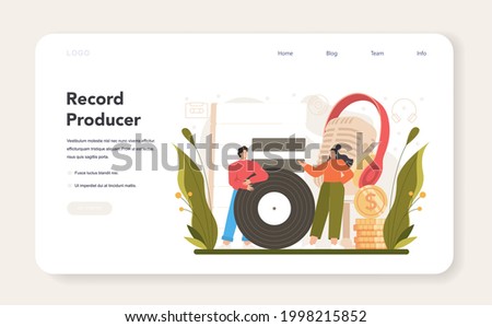 Producer web banner or landing page. Popular music production, entertainment industry. Artist creating a record with a studio equipment. Idea of creative profession. Flat vector illustration
