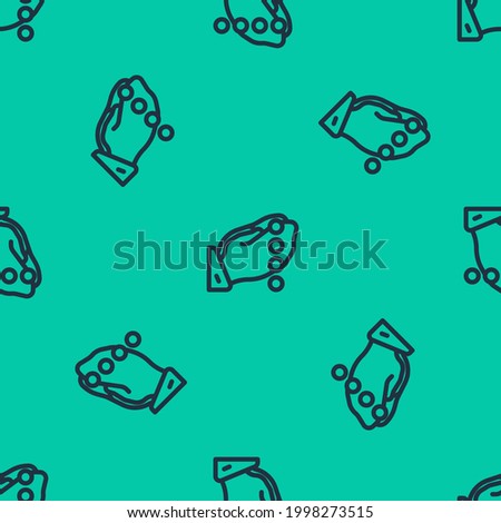 Blue line Hands in praying position with rosary icon isolated seamless pattern on green background. Praying hand islam muslim religion spirituality religious.  Vector