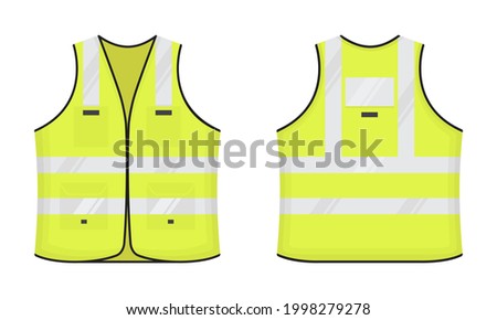 Safety reflective vest icon sign flat style design vector illustration set. Yellow fluorescent security safety work jacket with reflective stripes. Front and back view road uniform vest. Royalty-Free Stock Photo #1998279278