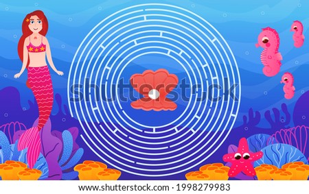 Cute mermaid character and seahorse, help them to find way to pearl, underwater colourful illustration in cartoon style, printable worksheet with ciracle maze for kids, fantasy riddle game