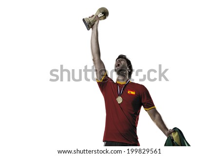 Spanish soccer player, celebrating the championship with a trophy in his hand. On a white background.