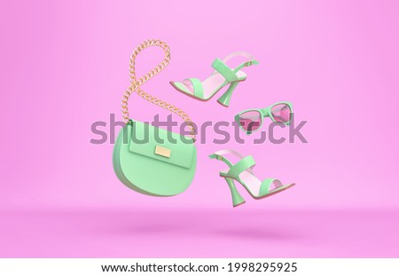 Green women's bag, high heels, sunglasses flying over violet background. Fashion concept. 3D rendering