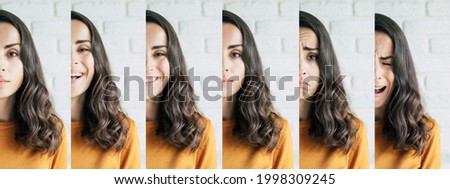 Close up woman emotions collage from confidence to serious and to the sad and crying Royalty-Free Stock Photo #1998309245