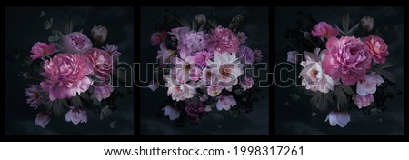 Luxurious baroque bouquet set. Beautiful garden flowers and leaves on a black background. Pink and white peonies, roses, tulips. Luxury design. Vintage illustration. Floral decoration.