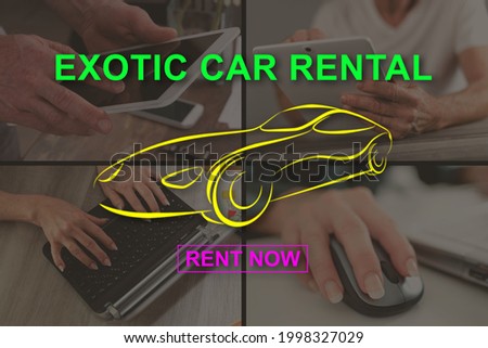Exotic car rental concept illustrated by pictures on background