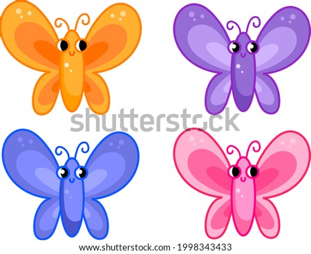 Cute vector flat butterflies set characters in cartoon nursery childish style. 
