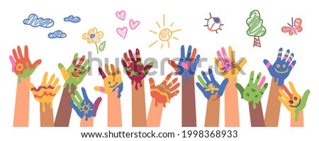 Children drawings with paints and crayons. Kindergarten art and positive mood, fingerprints and hands. Smiles and son, trees and clouds. Multicolor and vivid funny artwork. Flat cartoon vector Royalty-Free Stock Photo #1998368933