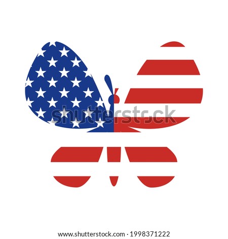 USA independence day poster. Colorful butterfly in the colors of american flag  isolated on white background. Vector flat illustration. Design for banner, poster, greeting card, flyer
