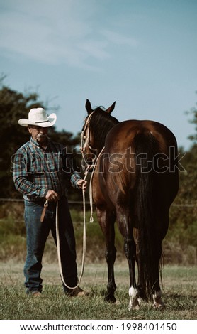 Vintage western style of cowboy portrait with bay mare horse outdoors with shallow depth of field.