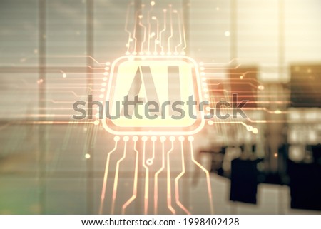 Abstract virtual artificial Intelligence symbol hologram on a modern conference room background. Multiexposure