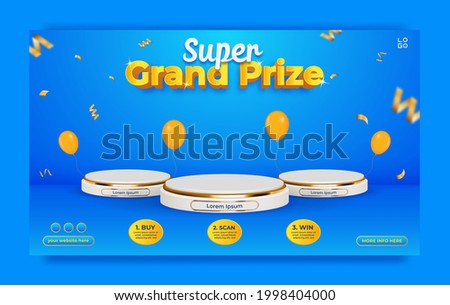Grand prize horizontal banner template with podium and balloons. Royalty-Free Stock Photo #1998404000