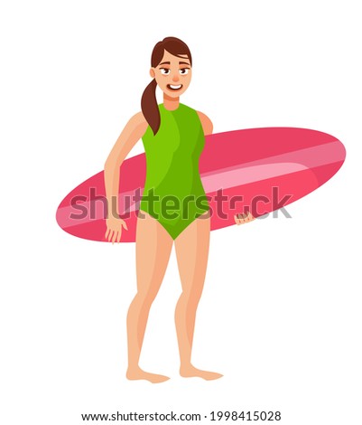 Woman holding surfboard. Female person in cartoon style.