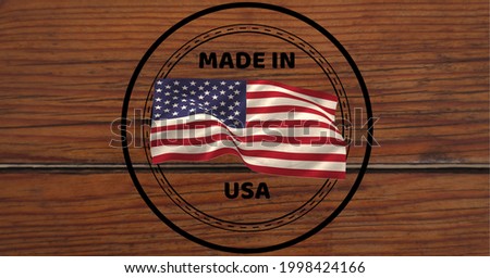 Composition of text made in usa and waving american flag, in circle on wood planks. patriotism, independence and manufacturing concept digitally generated image. and