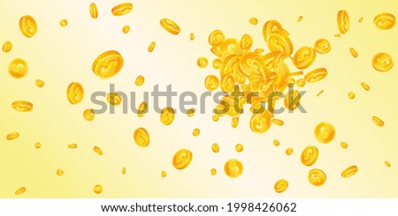 American dollar coins falling. Flawless scattered USD coins. USA money. Shapely jackpot, wealth or success concept. Vector illustration.