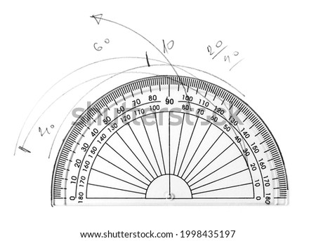 Plastic transparent ruler with graphite pencil degrees and lines scribble isolated on white background, top view