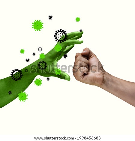 Safety, protection and purity. Contemporary art collage. Human hand against infection, microbes isolated over light background. Stylish composition, youth culture, magazine style.