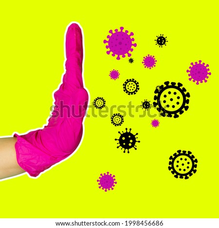 Safety, protection and purity. Contemporary art collage. Female hand in glove stopping microbes isolated over yellow neon background. Stylish composition, youth culture, magazine style.