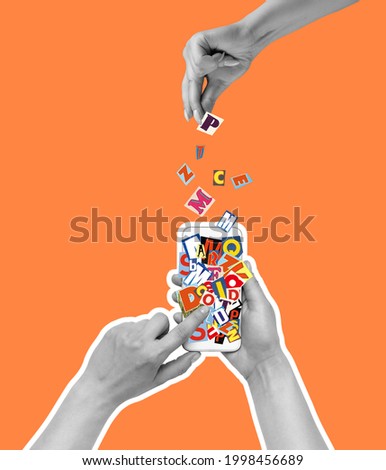 Addiction to social media. Human hands with phone isolated over orange background. Modern art design in trendy colors. Stylish composition, youth culture, magazine style. Contemporary art collage. Royalty-Free Stock Photo #1998456689