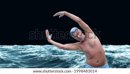 Composition of male swimmer raising hands on black background. sport and competition concept digitally generated image.