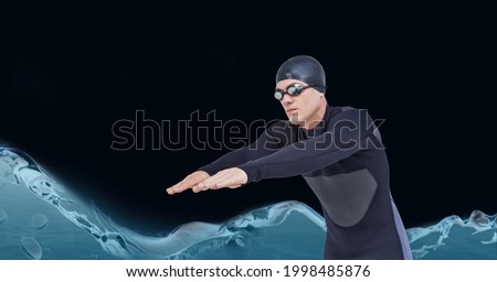Composition of male swimmer jumping into water on black background. sport and competition concept digitally generated image.