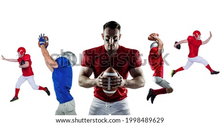 Composition of group of male american football players on white background. sport and competition concept digitally generated image.