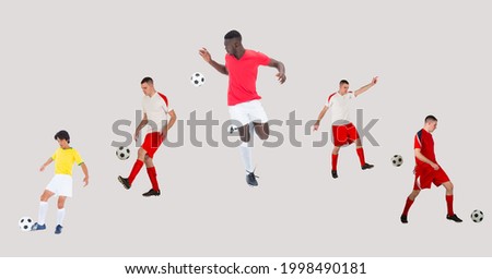 Composition of group of male football players on white background. sport and competition concept digitally generated image.