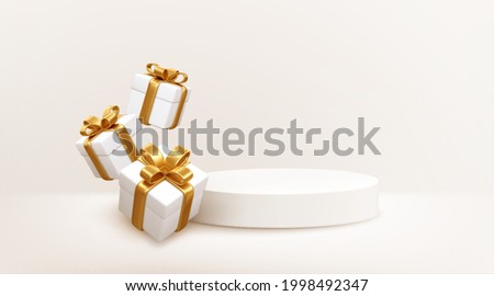Christmas 3d style Product podium scene with flying falling white gift box with gold bow. Merry Christmas and New Year festive banner design, greeting card. Vector illustration EPS10 Royalty-Free Stock Photo #1998492347