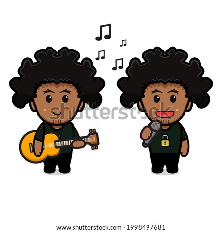Cute curly boy playing guitar and singing cartoon icon vector illustration. Design isolated on white. Flat cartoon style.