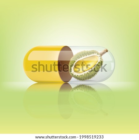 Medical yellow capsule with durian  on green background. Vector illustration