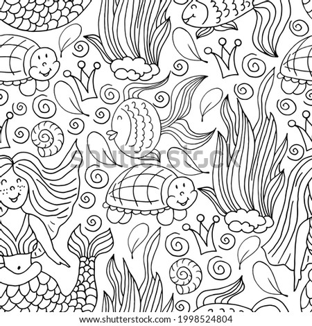 Vector Seamless pattern in hand draw style. Liner illustration. Pattern, background. Mermaid, turtles, seaweed