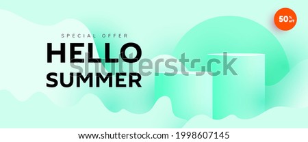 Creative summer sale horizontal banner in trendy bright color with podium or platform shapes. Vector illustration