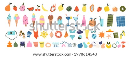Cute hand drawn summer icons fruits, ice creams, cocktails, beach items. Cozy hygge scandinavian style for postcard, greeting card. Vector illustration in flat cartoon style