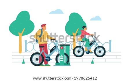Eco friendly electric bike rental station, flat vector illustration isolated on white background. Citizens renting electric bicycles for commuting and town rides.