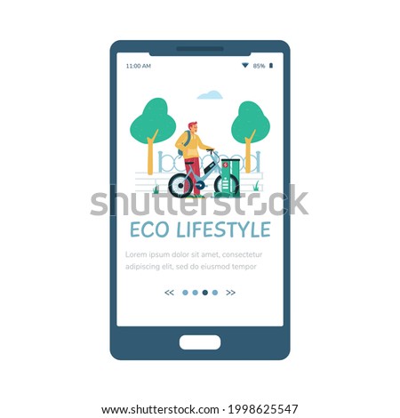 Eco lifestyle onboarding screen with woman riding electric bike, flat vector illustration. Modern environment friendly electric transport services mobile app page.