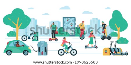 Road in the city with people riding various kinds of electric transport. Environment friendly electric transport, flat vector illustration isolated on white background.