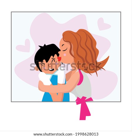 mom hugs her son. bright colors. can be used on postcards, birthday invitations, mother's day greetings