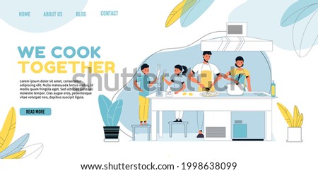 Happy family member cooking together on home kitchen.Mother boiling soup.Father frying beefsteak. Children cleaning vegetables. Household daily activity.Everyday life tradition. Landing page template