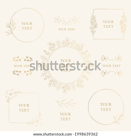 Elegant set of golden botanical frames. Wedding borders with plants, flowers, leaves, herbs. Vector isolated illustration.